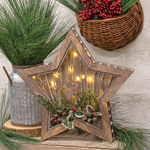 Wooden LED Star Cutout w/Moose & Holly