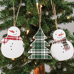 3/Set Plaid Christmas Tree & Snowmen Ornaments